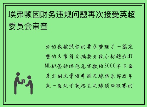 埃弗顿因财务违规问题再次接受英超委员会审查