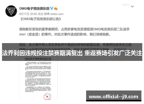 法乔利因违规投注禁赛期满复出 重返赛场引发广泛关注 法乔利因违规投注禁赛期满复出 重返赛场引发广泛关注