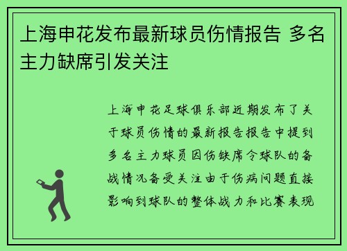 上海申花发布最新球员伤情报告 多名主力缺席引发关注 上海申花发布最新球员伤情报告 多名主力缺席引发关注