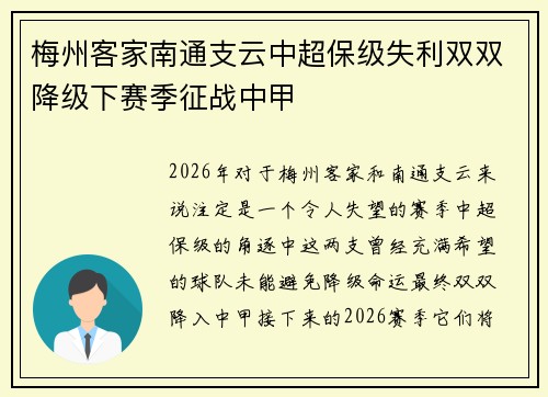 梅州客家南通支云中超保级失利双双降级下赛季征战中甲 梅州客家南通支云中超保级失利双双降级下赛季征战中甲
