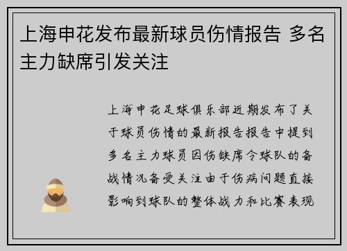 上海申花发布最新球员伤情报告 多名主力缺席引发关注 上海申花发布最新球员伤情报告 多名主力缺席引发关注