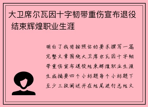 大卫席尔瓦因十字韧带重伤宣布退役 结束辉煌职业生涯 大卫席尔瓦因十字韧带重伤宣布退役 结束辉煌职业生涯