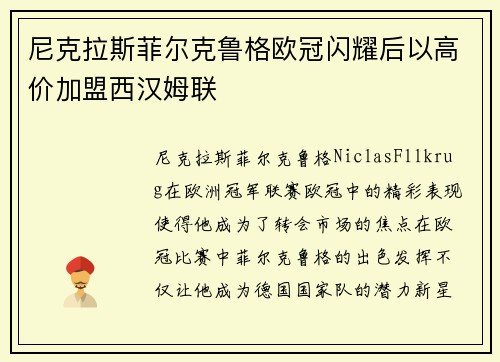 尼克拉斯菲尔克鲁格欧冠闪耀后以高价加盟西汉姆联 尼克拉斯菲尔克鲁格欧冠闪耀后以高价加盟西汉姆联